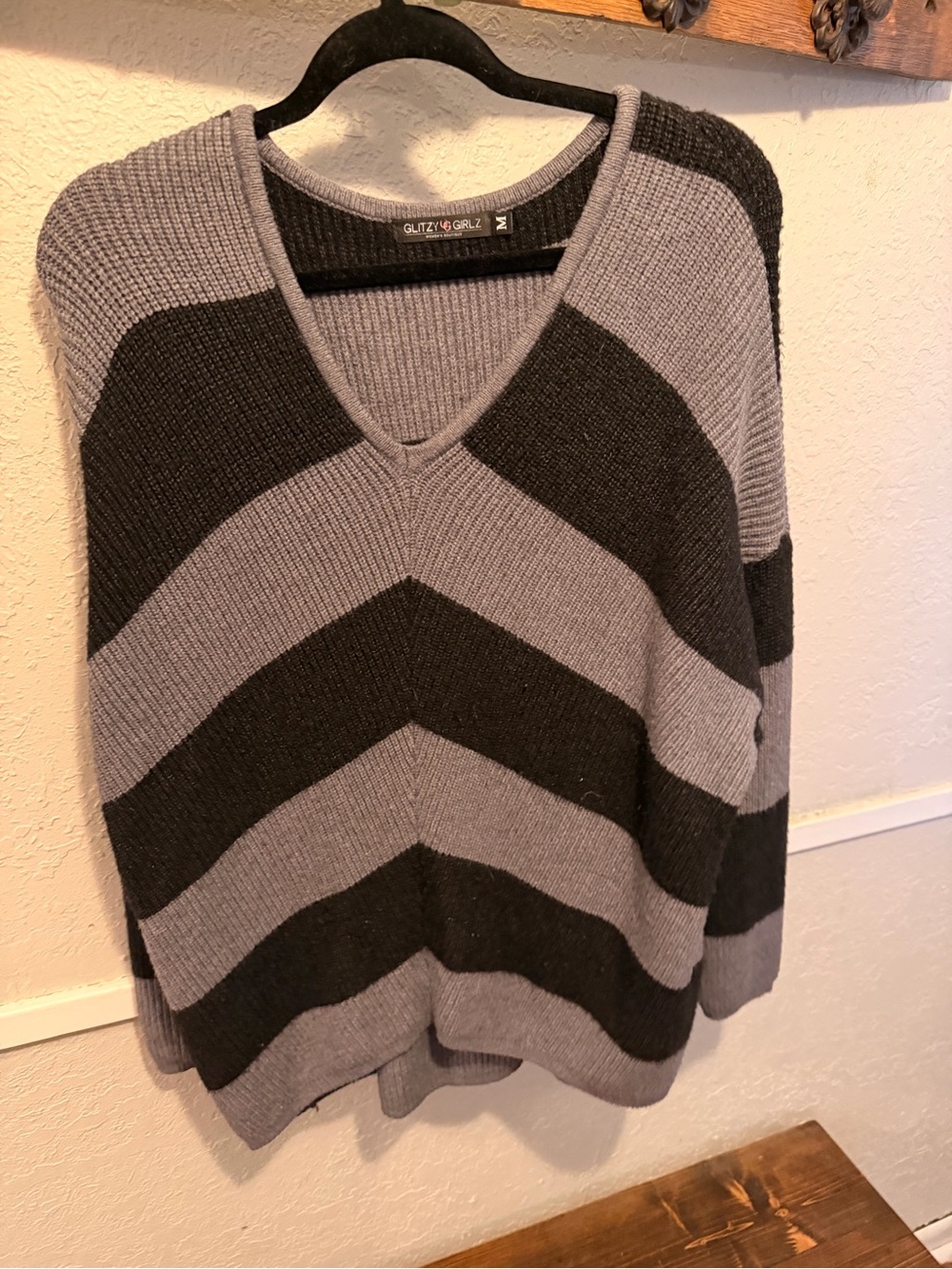 Glitzy Girls Women's Gray and Black Chevron V-Neck Sweater